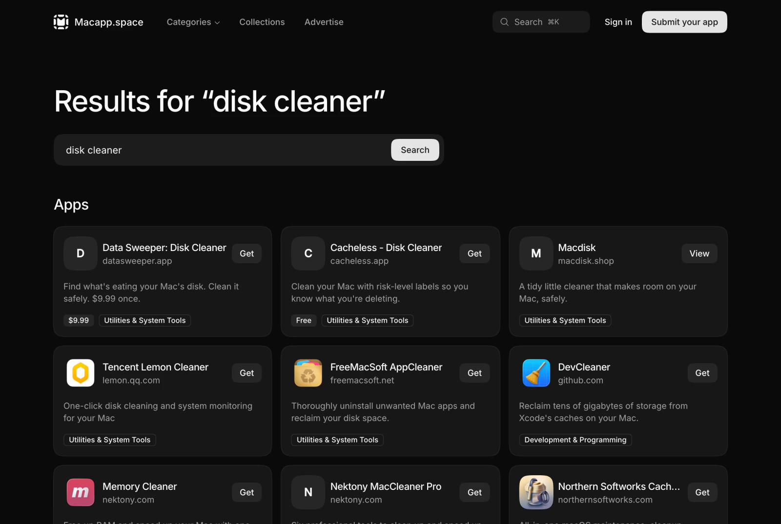 Macapp.space search results for disk cleaner, showing Data Sweeper, Cacheless, Macdisk, Tencent Lemon Cleaner, FreeMacSoft AppCleaner and DevCleaner with their price and category