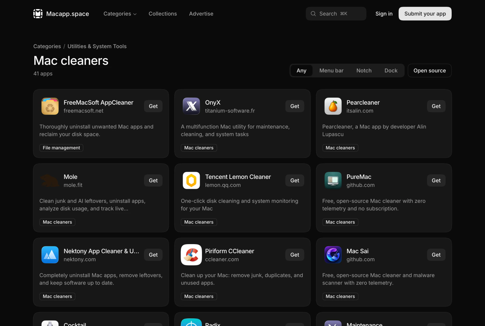 The Macapp.space Mac cleaners topic page with 41 apps and the Any, Menu bar, Notch, Dock and Open source filters