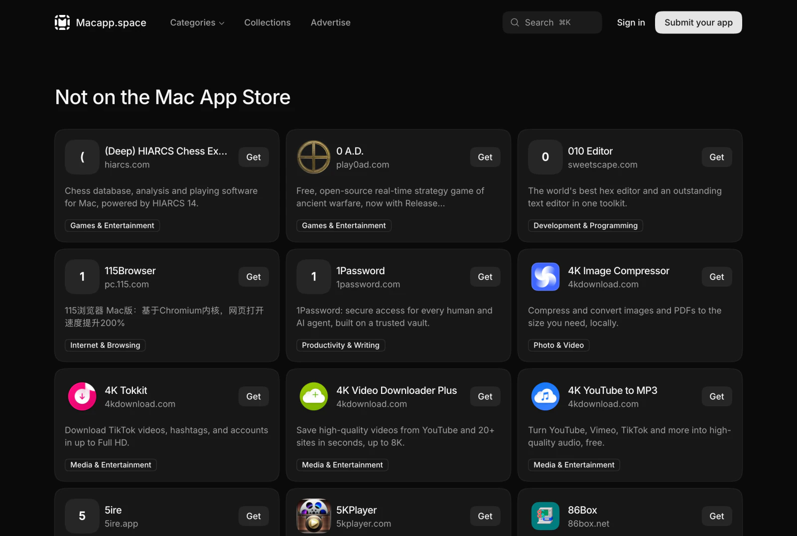The Macapp.space Not on the Mac App Store list, showing HIARCS Chess Explorer, 0 A.D., 010 Editor, 115Browser and 1Password with their categories